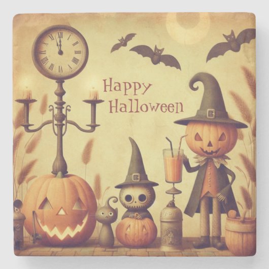 , grillige Halloween pompoenen & vleermuizen Stenen Onderzetter (Voorkant)