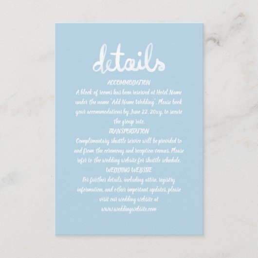 grillige hand geschreven eenvoudig licht blauw wit informatiekaartje (Voorkant)