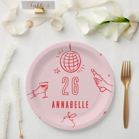 grillige hand getekend roze rode verjaardag drinke papieren bordje (Huwelijk)