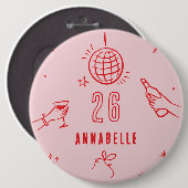 grillige hand getekend roze rode verjaardag drinke ronde button 6,0 cm (Voorkant /achterkant)