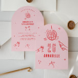 grillige hand getekende boogverjaardag drink roze  kaart<br><div class="desc">Roze en rode grillige hand getekende bewerkbare leeftijd verjaardag drinken cocktail disco bal boog coquette party uit te nodigen.</div>