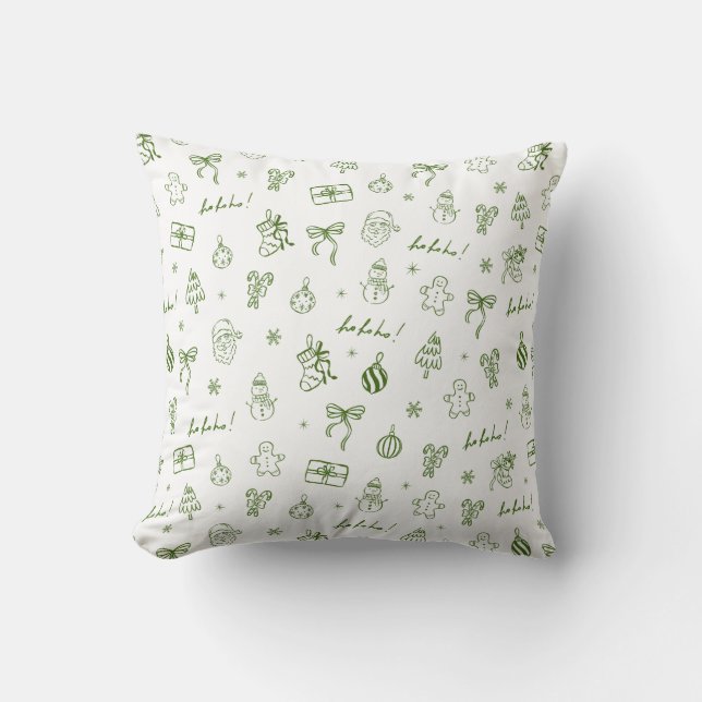 Grillige Hand Getekende Doodle Groen Kussen (Voorkant)