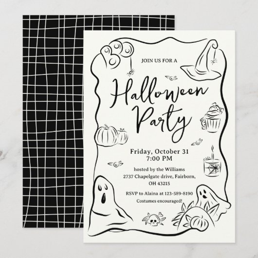 Grillige Hand Getekende Doodle Halloween Feest Kaart (Voorkant / Achterkant)