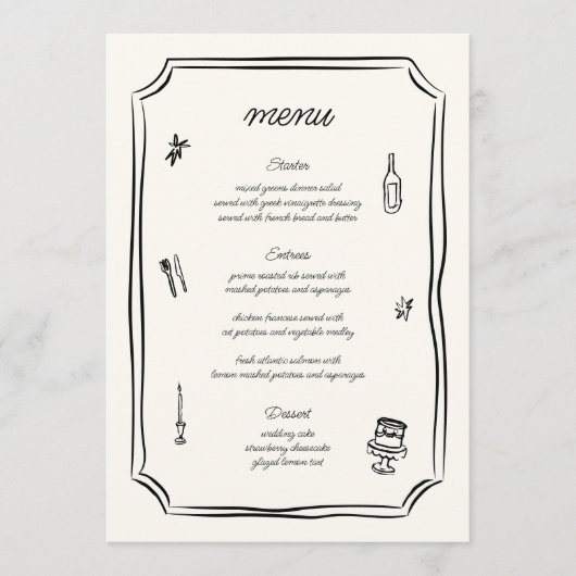 grillige hand getekende franse bruiloft menu (Voorkant)