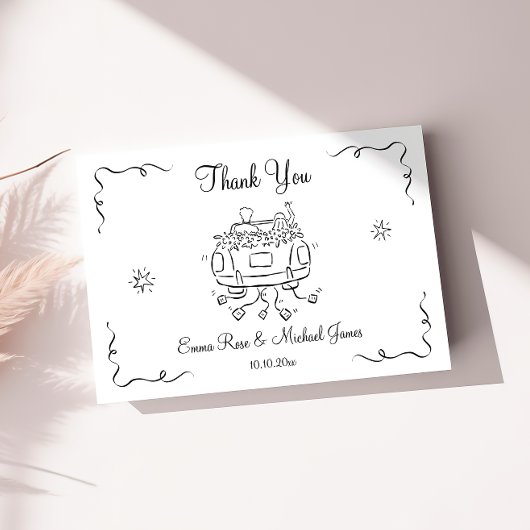 grillige hand getrokken auto bruiloft dank je kaar bedankkaart