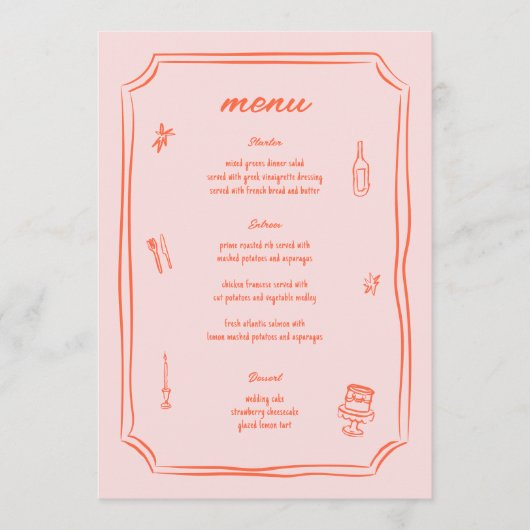 grillige hand getrokken leuk retro bruiloft menu (Voorkant)