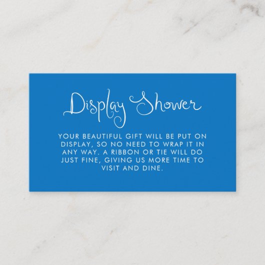 Grillige handgeschreven blauwe displaydouche informatiekaartje (Voorkant)