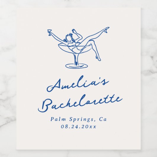 Grillige Handgetekende Blauwe Bachelorette Wijn Etiket (Enkel label)