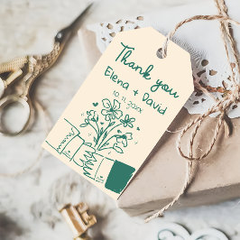 Grillige Handgetekende Blauwe Bloemige Trouw Dank Cadeaulabel