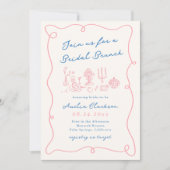 Grillige Handgetekende Blauwe & Roze Bruidsbrunch Kaart (Voorkant)