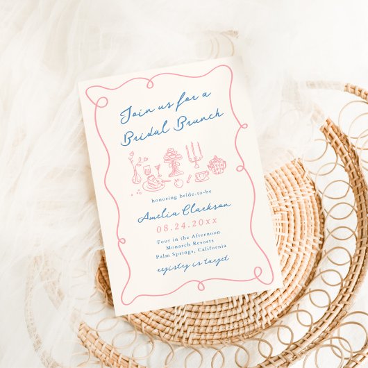 Grillige Handgetekende Blauwe & Roze Bruidsbrunch Kaart