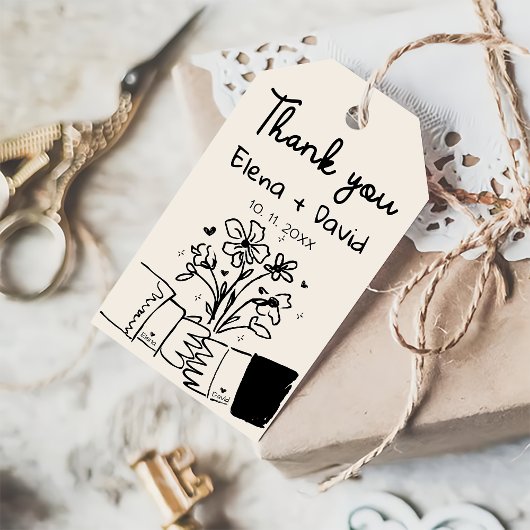 Grillige handgetekende bloem bruiloft bedankt cadeaulabel