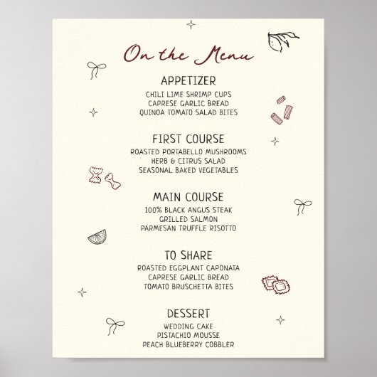 Grillige handgetekende bordeauxrode menu poster (Voorkant)