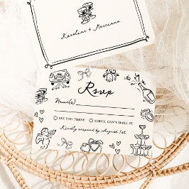 Grillige Handgetekende Doodle Huwelijks RSVP Kaart