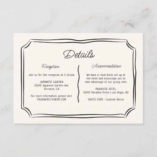 Grillige Handgetekende Excentrieke Huwelijksdetail Informatiekaartje (Voorkant)