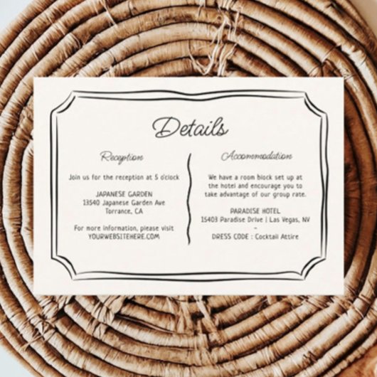 Grillige Handgetekende Excentrieke Huwelijksdetail Informatiekaartje