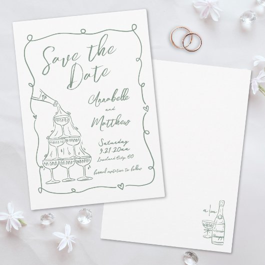 Grillige handgetekende groene bruiloft save the date