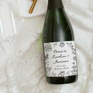 Grillige Handgetekende Huwelijk Doodles Sparkling Wijnetiket