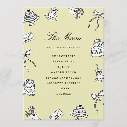 Grillige Handgetekende Lieve Unieke Bruidsdouche Menu (Voorkant)