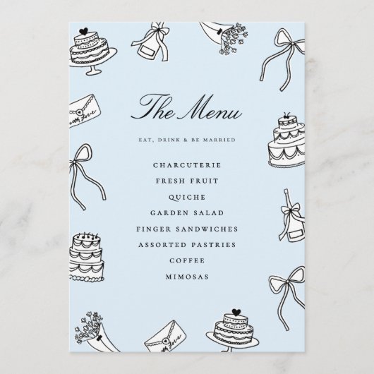 Grillige Handgetekende Mooie Unieke Bruidsdouche Menu (Voorkant)