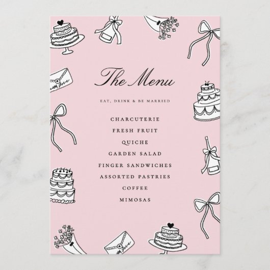Grillige Handgetekende Mooie Unieke Bruidsdouche Menu (Voorkant)