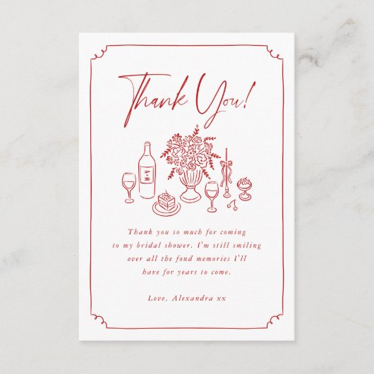 Grillige handgetekende pizza- en wijnbruidsfeestje bedankkaart (Voorkant)