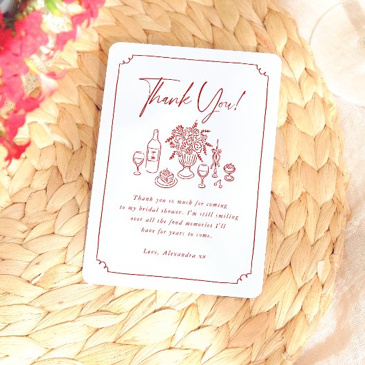 Grillige handgetekende pizza- en wijnbruidsjonkerf bedankkaart