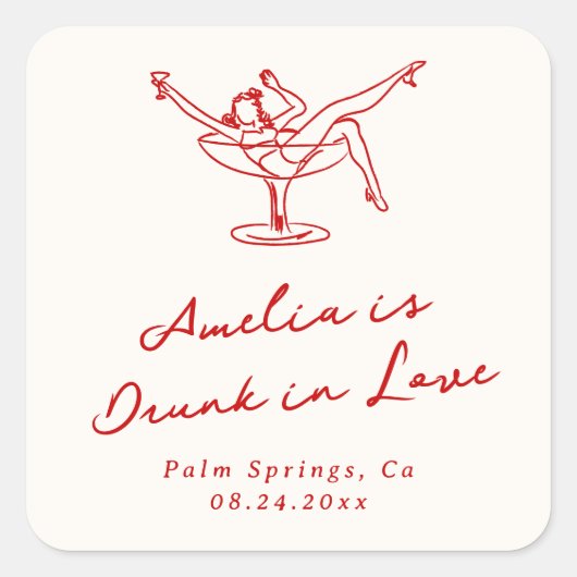 Grillige Handgetekende Rode Meidenavond Vierkante Sticker (Voorkant)