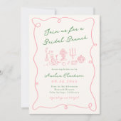 Grillige handgetekende roze & groene bruidsbrunch kaart (Voorkant)
