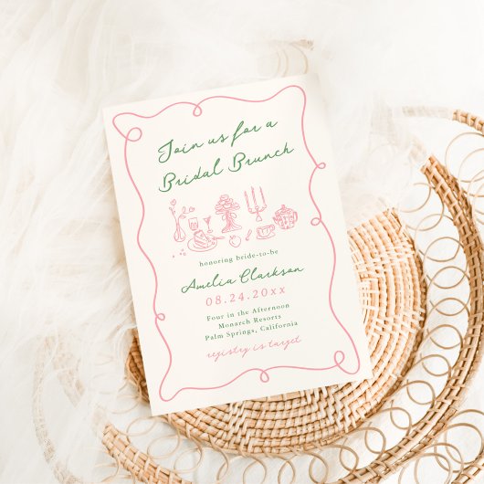 Grillige handgetekende roze & groene bruidsbrunch kaart