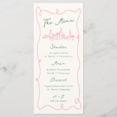 Grillige Handgetekende Roze & Groene Bruiloft Menu (Voorkant)