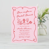 Grillige handgetekende roze & rode bruidsbrunch kaart (Staand voorkant)