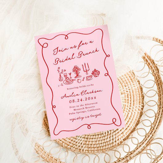 Grillige handgetekende roze & rode bruidsbrunch kaart