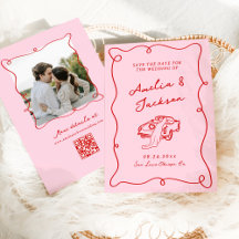 Grillige handgetekende roze & rode bruiloft + deta