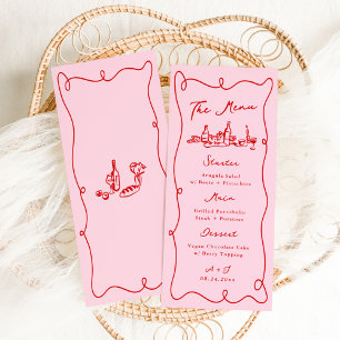 Grillige Handgetekende Roze & Rode Huwelijk Menu