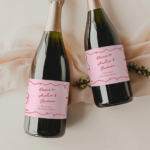 Grillige Handgetekende Roze & Rode Huwelijk Sparkling Wijnetiket