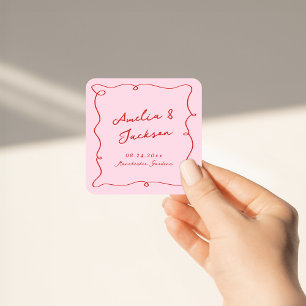 Grillige Handgetekende Roze & Rode Huwelijk Vierkante Sticker