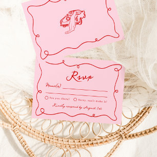Grillige handgetekende roze & rode huwelijks RSVP Kaart