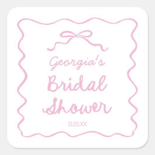 Grillige Handgetekende Roze Strik Bruidsdouche Vierkante Sticker (Voorkant)