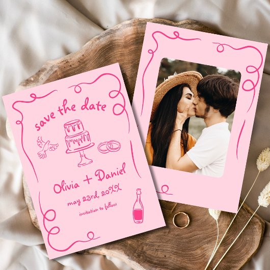 Grillige handgetekende roze trouwfoto save the date