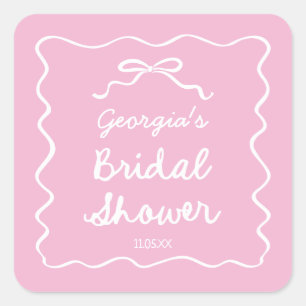 Grillige handgetekende roze witte strik bruidsdouc vierkante sticker