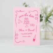 Grillige Handgetekende Trouwfoto Heet Roze Save The Date (Staand voorkant)
