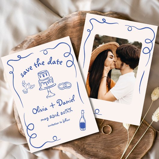 Grillige handgetekende trouwfoto marineblauw save the date