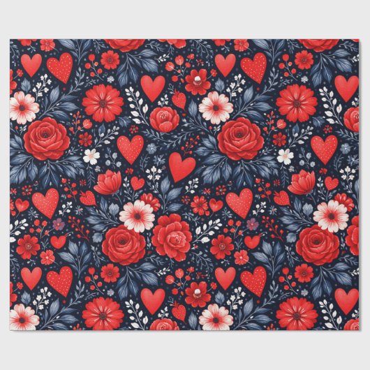 Grillige Harten en Bloemen Cadeaupapier (Vlak)