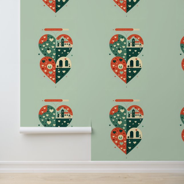 grillige hartvormige dorpsscène behang (Applicatie)