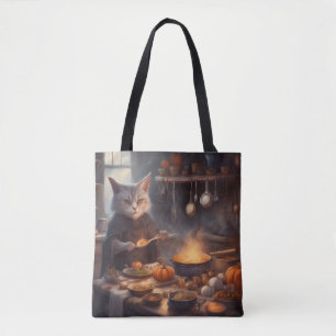 Grillige Heksenkat die Halloween-diner kookt Tote Bag
