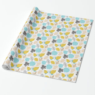 grillige herfst bladeren patroon   Blauw en geel Cadeaupapier