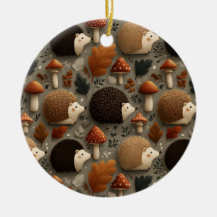 Grillige Herfst Egeltje & Paddenstoel Patroon Keramisch Ornament
