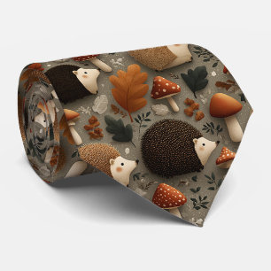 Grillige Herfst Egeltje & Paddenstoel Patroon Stropdas