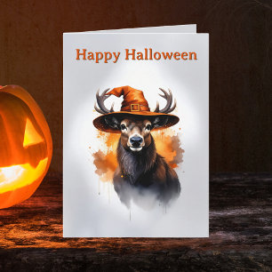 Grillige herten oranje heksenhoed Halloween Kaart
